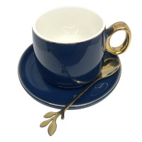 Чашка для кофе Yiwumart, 260 мл, блюдце, ложка, фарфор-нерж.сталь, синий-золотой