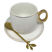 Чашка для кофе Yiwumart, 125 мл, блюдце, ложка, керамика, бело-золотой