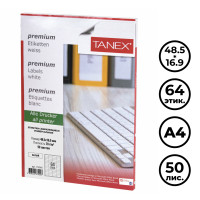 Этикетка самоклеящаяся TANEX, A4, размер 48,5*16,9 мм, 64 этикетки, 50 листов