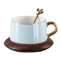 Чашка для кофе Yiwumart, 220 мл, блюдце, ложка, керамика-дерево,голубой-коричневый