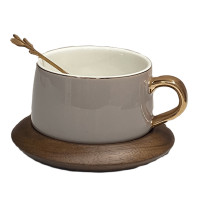 Чашка для кофе Yiwumart, 220 мл, блюдце, ложка, керамика-дерево,кремовый-коричневый